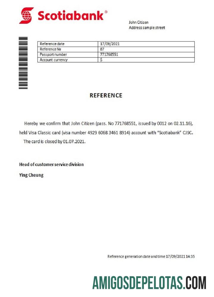 Referência de fechamento do Scotiabank de Hong Kong exemplo